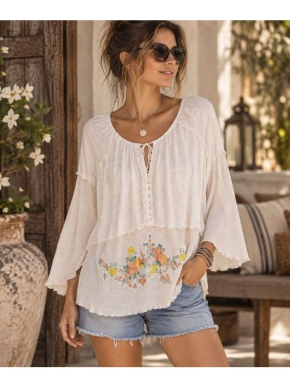 Free People Boho Embroidered Romantic Floral Cottage Fairy Top SP